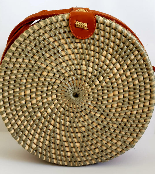 Round Rattan Grey Bag - Brown